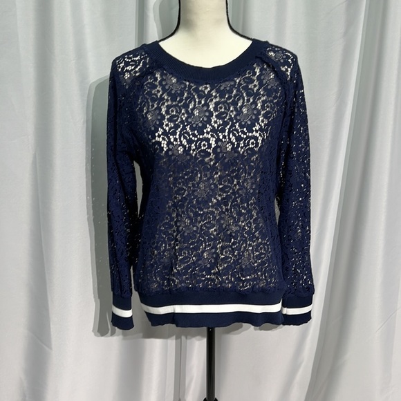 Massini Tops - MASSINI Sheer Lace Crew Neck Navy Blue Blouse with Ruffle - Size Small